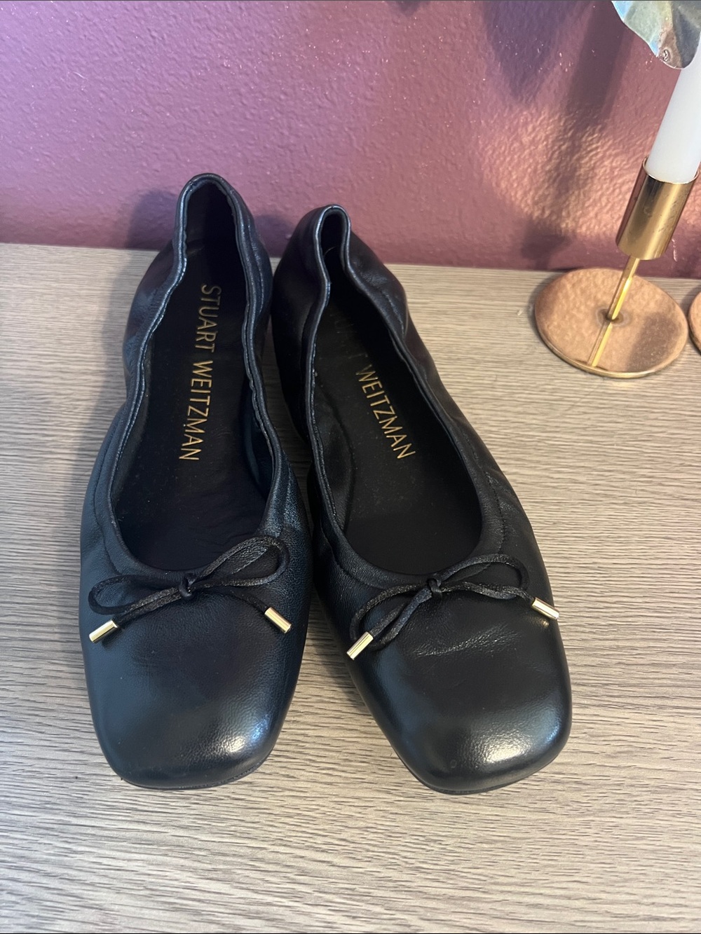 Stuart Weitzman Bow Black Leather Ballet Flats size 10 - Picture 2 of 5
